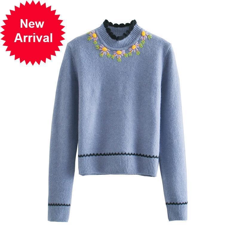 

New Autumn 2021 Runway New Flower Embroidered Elegant Nightgown Sweet Floral Temperament Hot Female Sweater Tops HXQ1, Beige