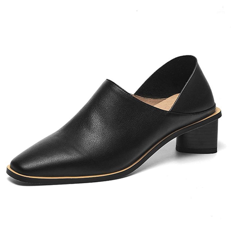 

Single Concise Genuine Leather Women Shoes Elegant Square Toe Thick Heels Pumps Famale 2021 Spring Summer Shoes Woman1, Black