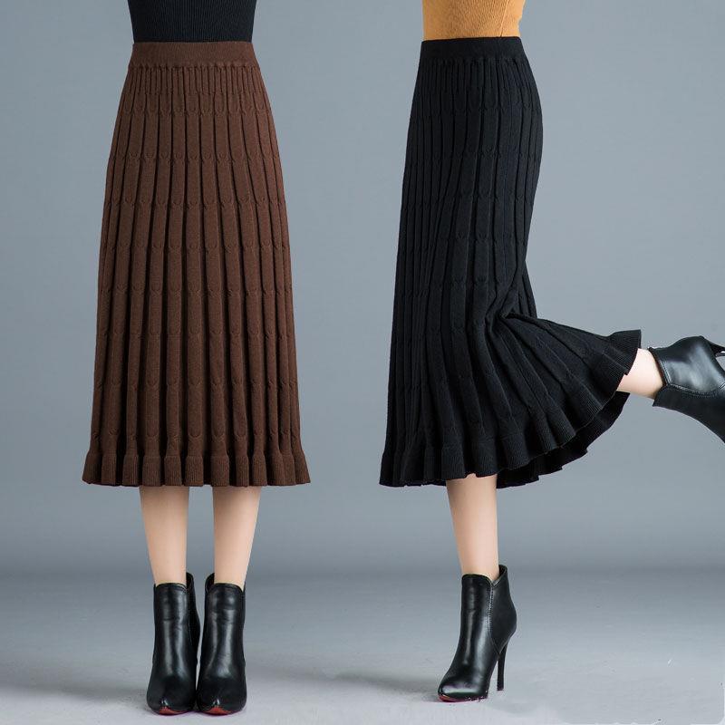 

2021 New Women's knitted or crocheted fall and winter solid-colored nightgown long-waisted high-waisted femme skirt jupe y322 G98M, Dark brown.