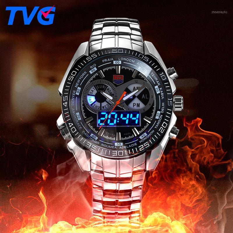 

TVG Male Sports Watch Men Full stainless steel waterproof Quartz-watch Digital Led Analog Dual display Men's Wrist Watches1, Slivery;brown