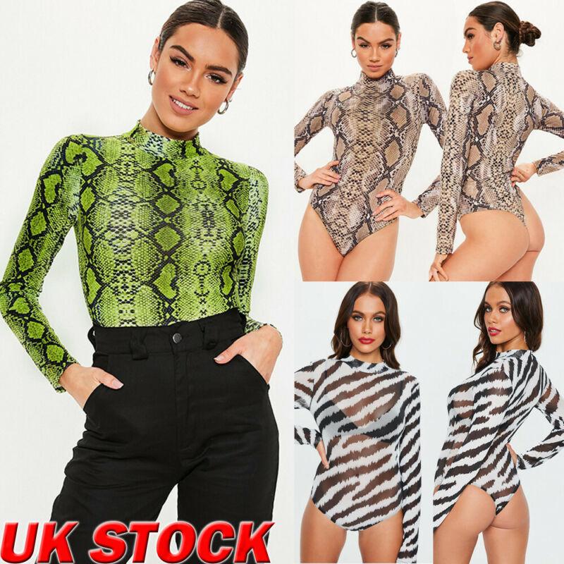 

Women Snake Skin Print Bodycon Bodysuit Long Sleeve High Neck Leotard Top Size, Brown