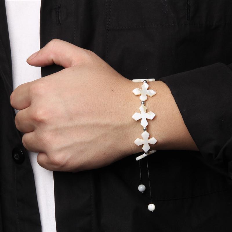 

Vintage Braid Bracelets Men White Freshwater Mother Of Pearls Cross Charm Bracelet For Women Handmade Black Rope Bangle Jewelry