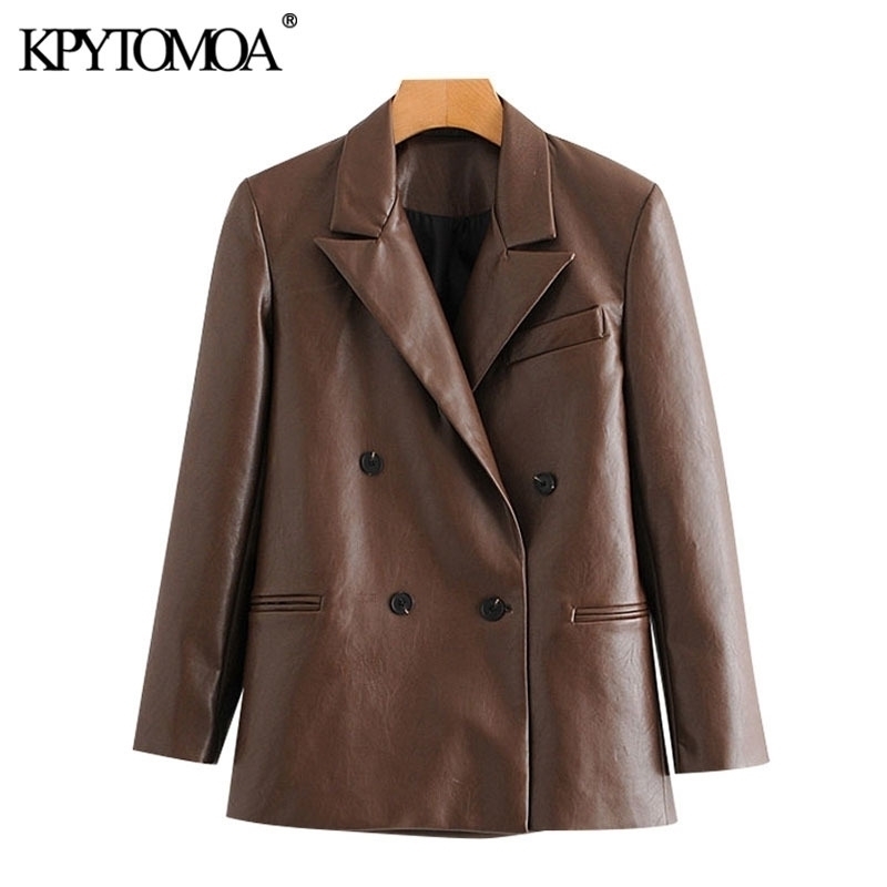 

KPYTOMOA Women Fashion Double Breasted Faux Leather Blazers Coat Vintage Notched Long Sleeve Female Outerwear Chic Tops 201201, As picture