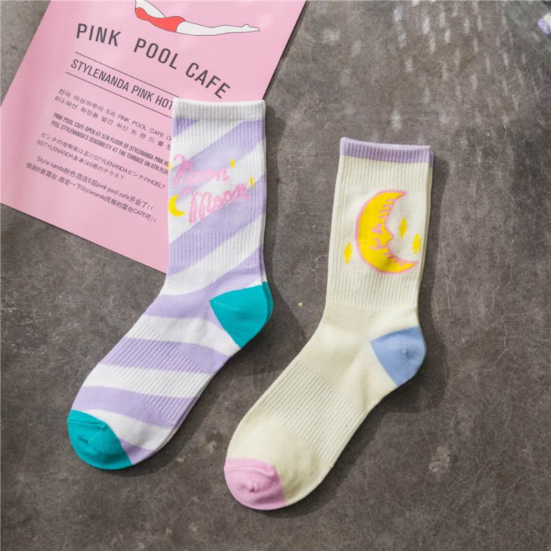 

Cute Candy Color Moon Pattern Women Girl Combed Cotton Crew Socks Kawaii Harajuku Funny Art Sox Pink White Old School Korean
