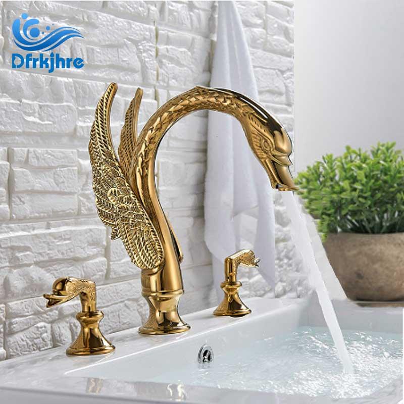 

Bathroom Basin Faucet Brass Golden Swan Shape Basin Tap Dual Handle Deck Mount 3/5 PCS Mixer Sink Faucets Hot Cold Water Mixer