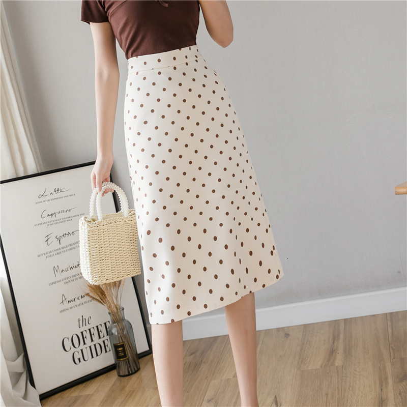 

2021 New Waist Split Midi Skirts Women Dot Print Casual Chic Summer High Fashion Boho Skirt Jyr8, Beige