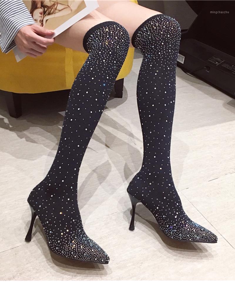 

Timalina Women Boots Crystal Pointed Toe Over-the-knee Boots Thin Heel Shoes Woman Spring/autumn Sexy Part Woman Winter1, Black