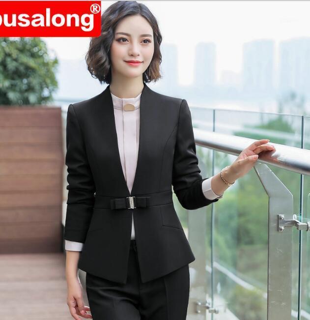 

2020 Autumn Winter Elegant Bow Blazer Women Formal Interview Long Sleeve Slim Jacket office lady work plus size blue coat1, Blueskirt
