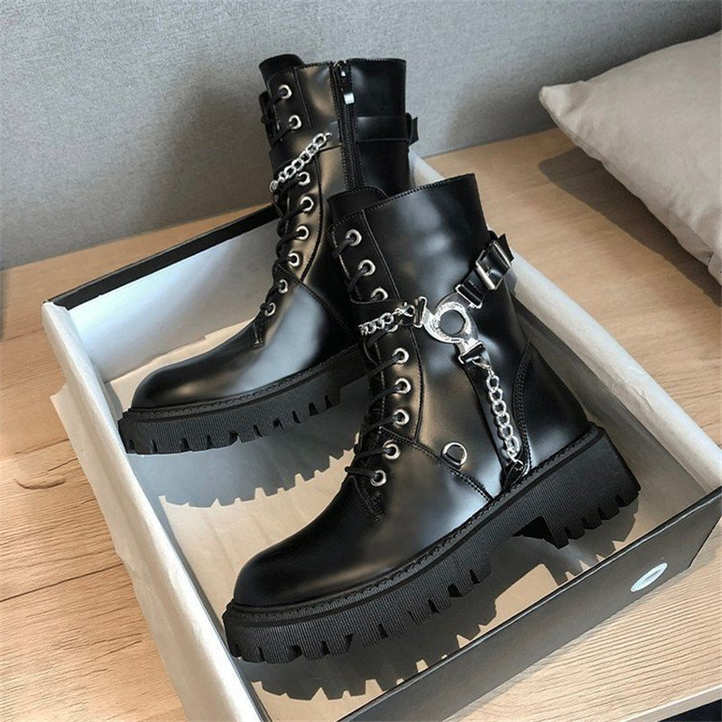 

2021 New Female Fashions Women's Shoes High with Martin Heels Punk Leather Belt Buckle Boots Mujer 6SYS, Black