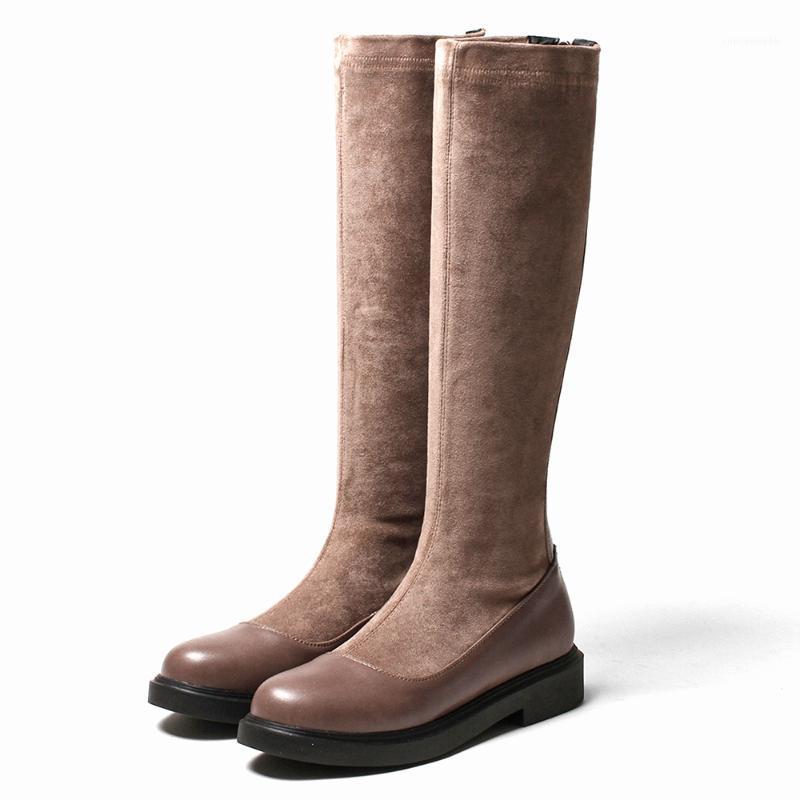 

Flat Heel Stretch PU Stitching Flock Knee-Length Boots, Back Zipper Low Heel Warm Winter Round Toe Short Plush Fashion Boots1, Black winter