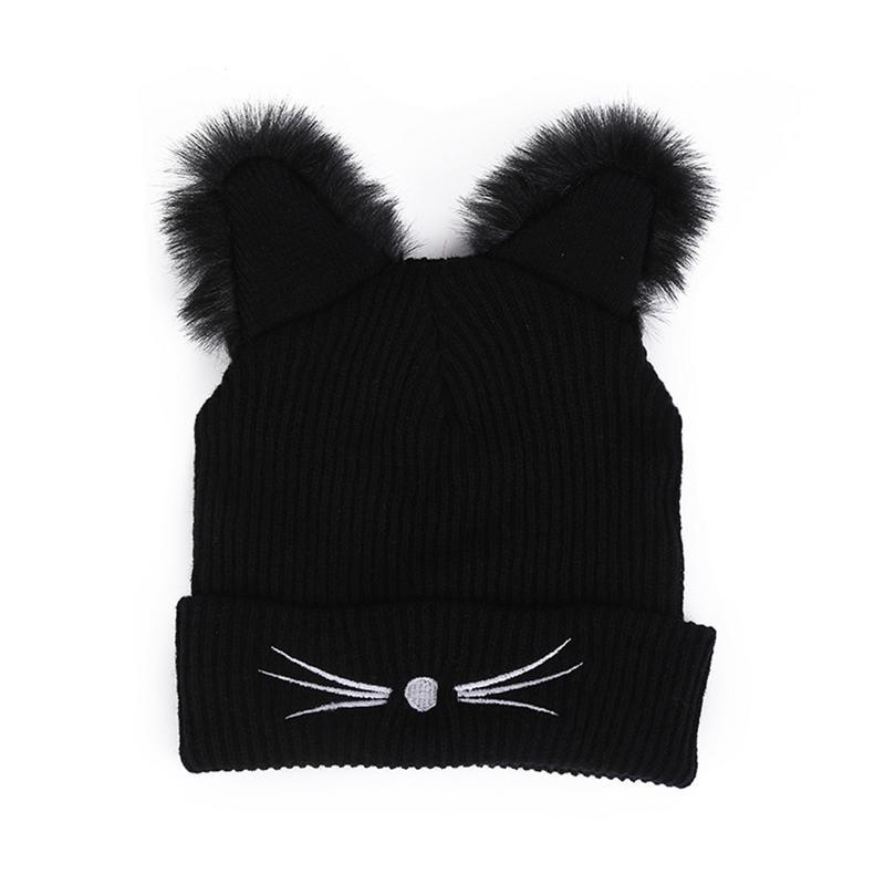 

Warm Winter Hat Fashion Lovely Cat Ear For Women Harajuku Wool Knitted Hats Skullies Female Beanies Bonnet Faux Mink, Black