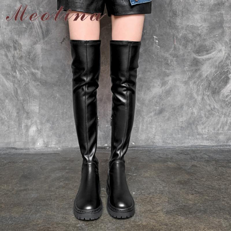 

Meotina Real Leather Platform Mid Heel Over The Knee Boots Women Shoes Round Toe Zipper Block Heels Stretch Ladies Long Boots1, Black synthetic lin