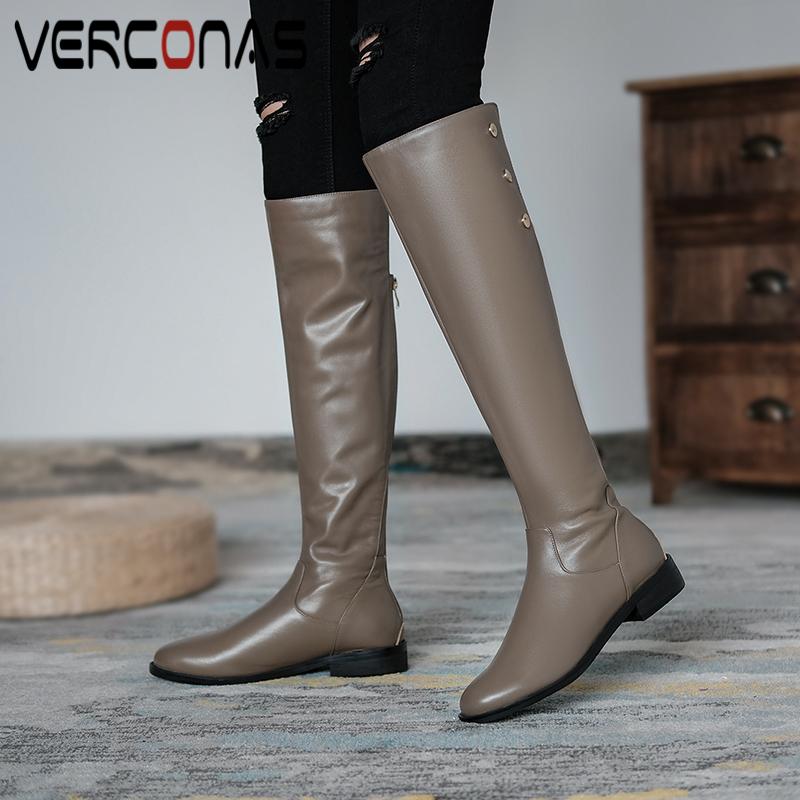 

VERCONAS Concise Women Knee-High Boots Autumn Winter Low Heels Shoes Woman New Rivets Genuine Leather Back Zipper Long Boots, Grayd