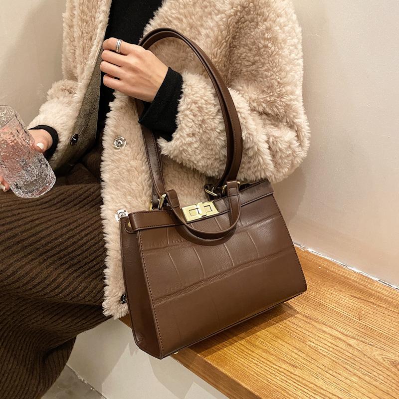 

Stone Pattern Vintage Women Shoulder Bag PU Leather Bolso Mujer Top Handle Ladies Handbag Solid Color Schoudertas Dames, Black