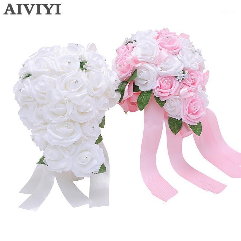 

Handmade New Wedding Bridal Bouquet Bride holding flowers Artificial Rose Flowers Ribbons rhinestones wedding Decoration1, Blue