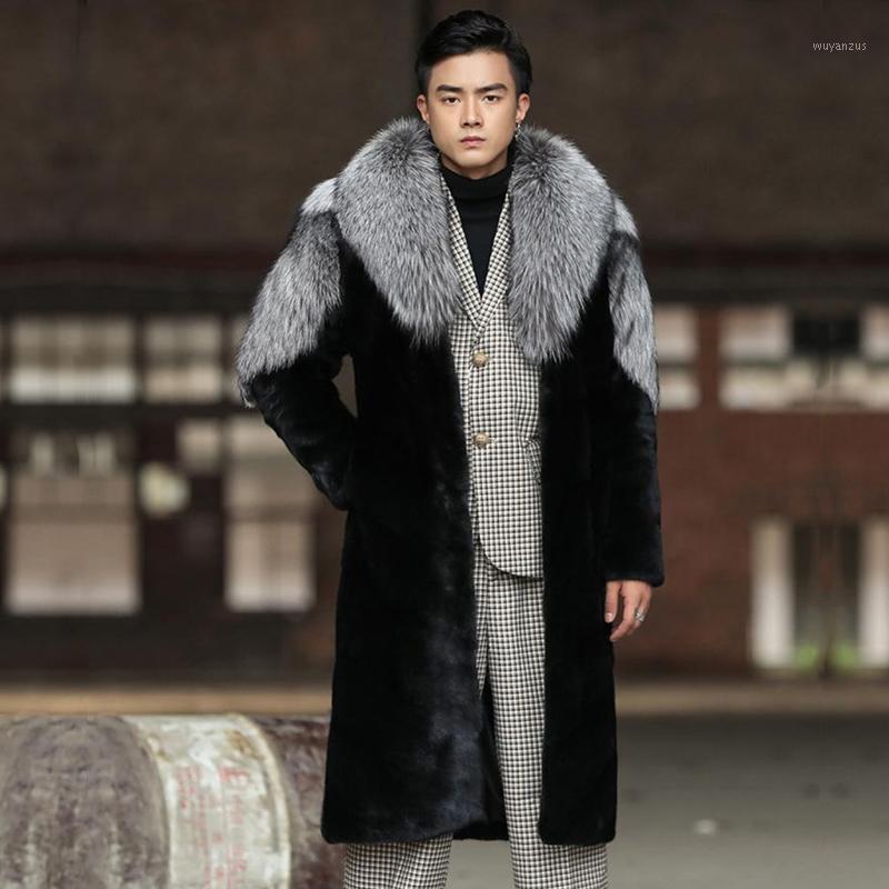 

Men' mink coat winter warm coat whole mink long trench European and American casual plus-size fur jacket1, Black