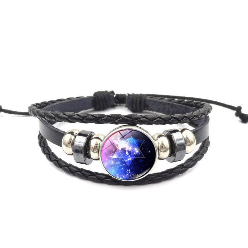 

Vintage Jewelry with 12 Constellation Glass Cabochon Zodiac Sign Leo Virgo Genuine Leather Charm Bracelet Bangle for Unisex