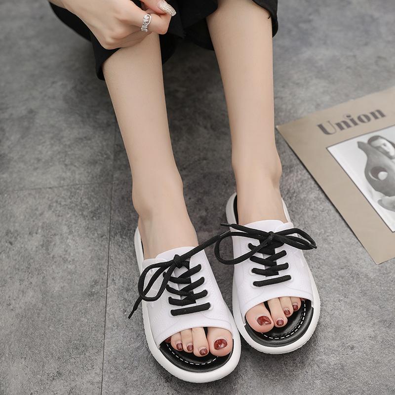 

2020 New Beach Slippers Female Lace Up Women Shoes Woman Solid Flat Platform Shoes Sandals Summer Boat Casual Plus Size 44, Black