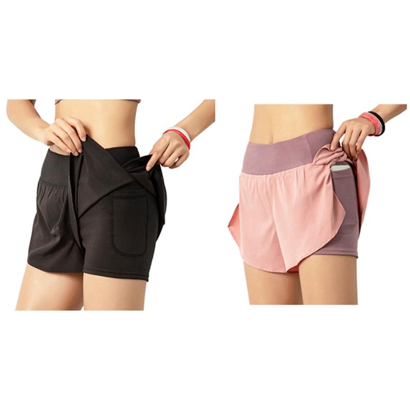 

ELOS-2 Pcs Ladies Quick-Drying Yoga Gym Yoga Shorts Sports Fitness Workout Running  Pink & Black, As shown