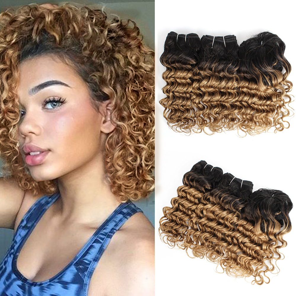 

Cheap Ombre Hair Weave Bundles Brazilian Deep Wave Curly Hair 8-10 Inch 3pcs/Set For Full Head Remy Human Hair Extensions 166g/Set, Black;brown
