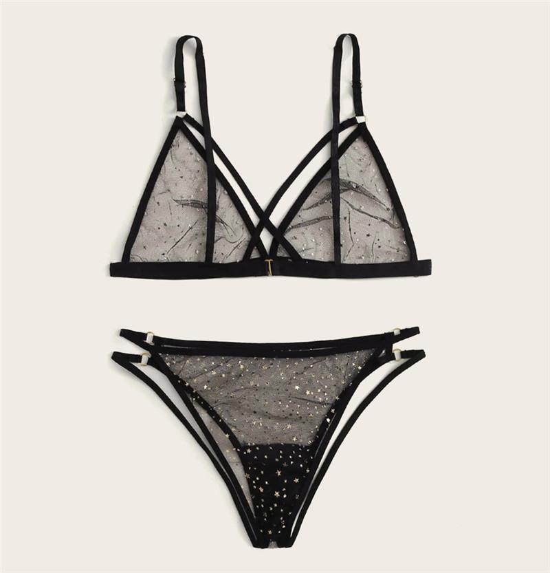 

Women's Underwear Two Piece Set Bikini Style Strap Bra Dot Mesh Perspective Pantie for Female