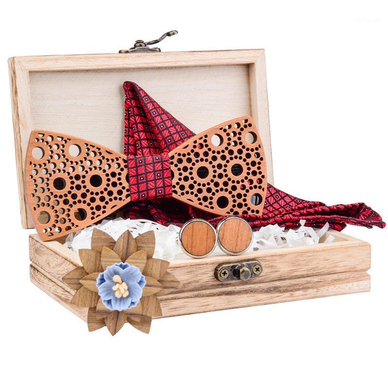 

Neck Ties Fashion Dot Plaid Hollow Wooden Bow Bowtie With Handkerchief Cufflinks Brooch For Men Design Wedding Christmas Gift Set1