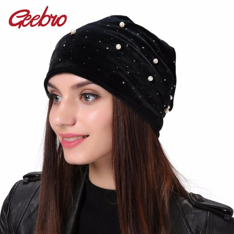 

Geebro Brand Women's Beanie Pearl Rhinestones Hat Women Shine Diamond Kintted Polyester Beanie Balaclava Skull Beanies Cap GC308, Black
