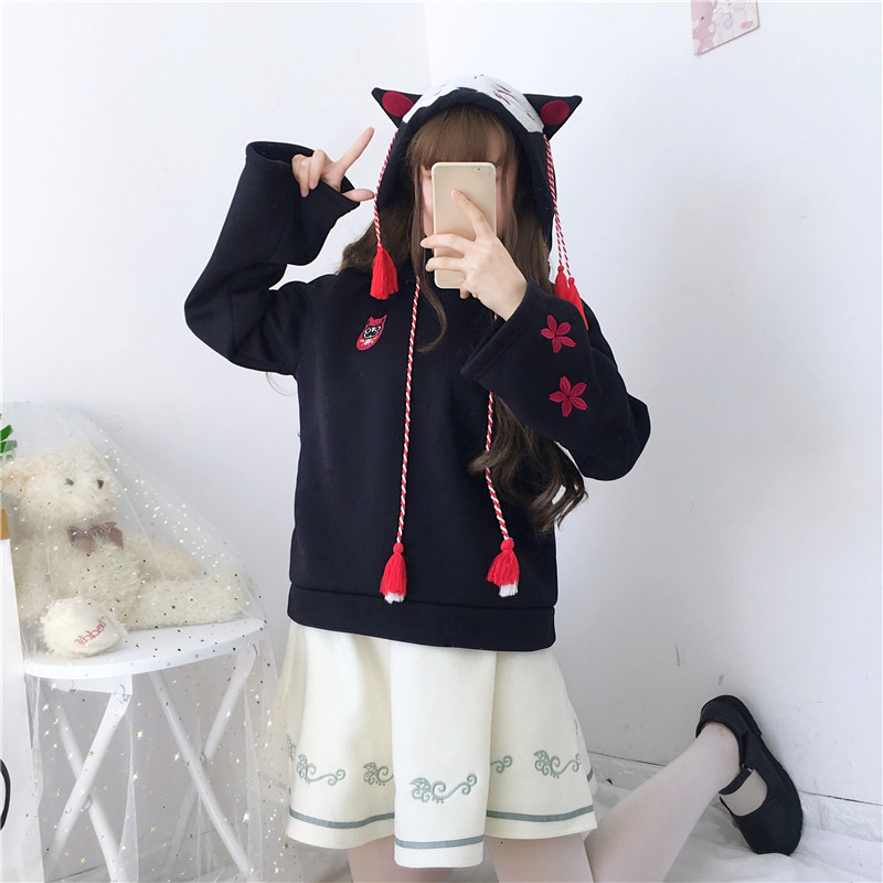 

2021 New Japanese Harajuku Anime Style Hoodie Cute Girls Long Sleeve Fleece Hoodies Petal Embroidery Hooded Coat Sweatshirts Ubg7, White