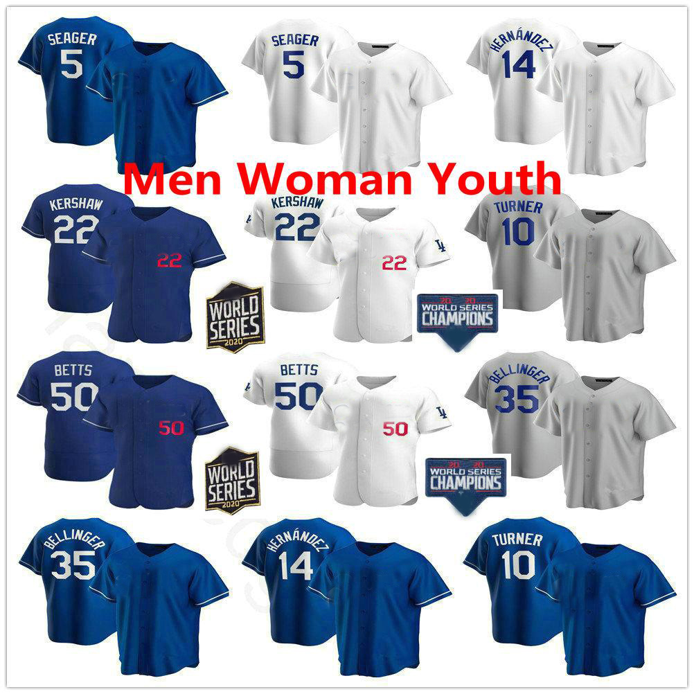 

2020 World Series Champions Baseball Jerseys Custom Cody Bellinger Mookie Betts Kershaw Corey Seager Justin Turner Julio Urias Kenta Maeda, Men as picture