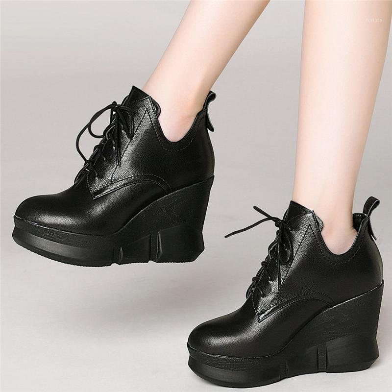 

Platform Pumps Shoes Women Lace Up Genuine Leather Wedges High Heel Ankle Boots Female Round Toe Fashion Sneakers Casual Shoes1, Beige