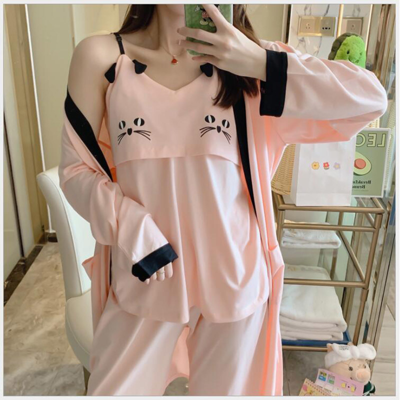 3PCS/Set Nursing Maternity Cotton Sweet Pregancy Sleepwear Lounge Women Maternity Clothes Breastfeeding Pyjama Set LJ201119