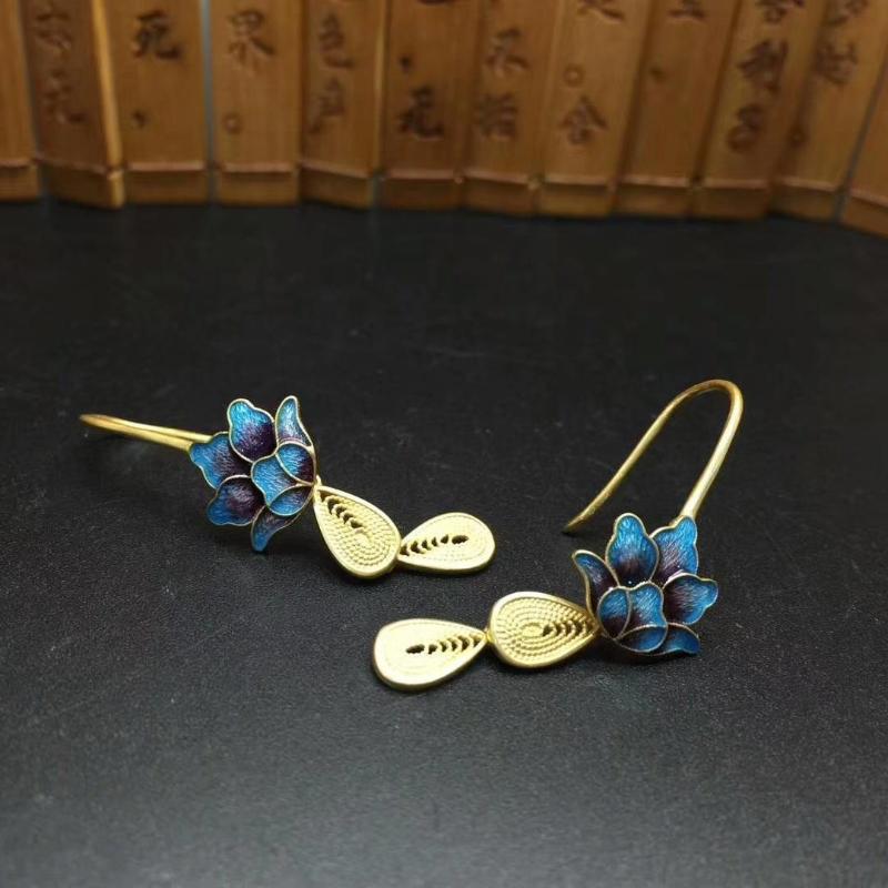

Dangle & Chandelier Silver Fired Blue Enamel Water Drop Shaped Gilded Tassel Earrings Chinese Style Retro Charm Light Luxury Women's Jewelry