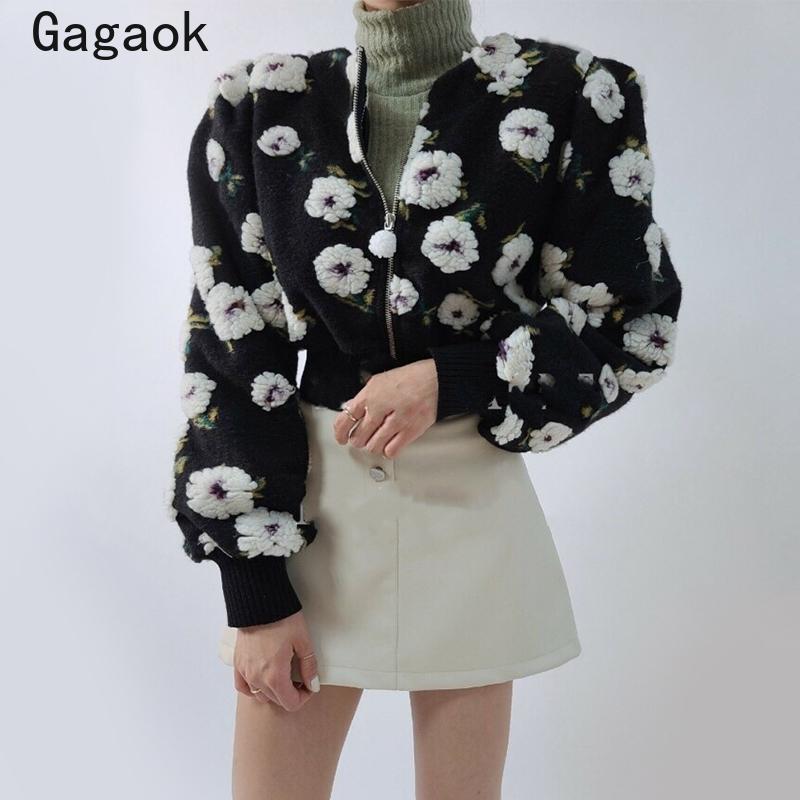

Gagaok Korean High Street 3D Print Women Jacket 2021 Spring Autumn New Floral O-Neck Zipper Jackets Chic Slim Wild Coats K4095, Black