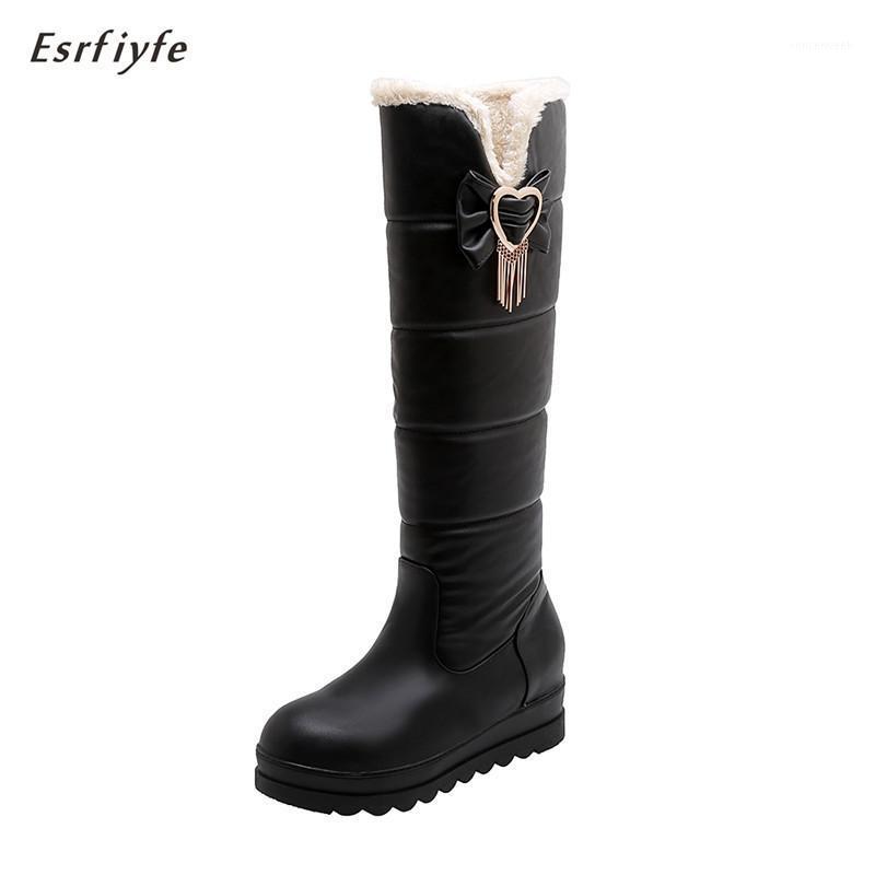 

ESRFIYFE 2020 New Winter Warm Plush Knee High Boots Women Comfy Flat Heel Snow Boots Slip on Platform Woman Shoes Black White1