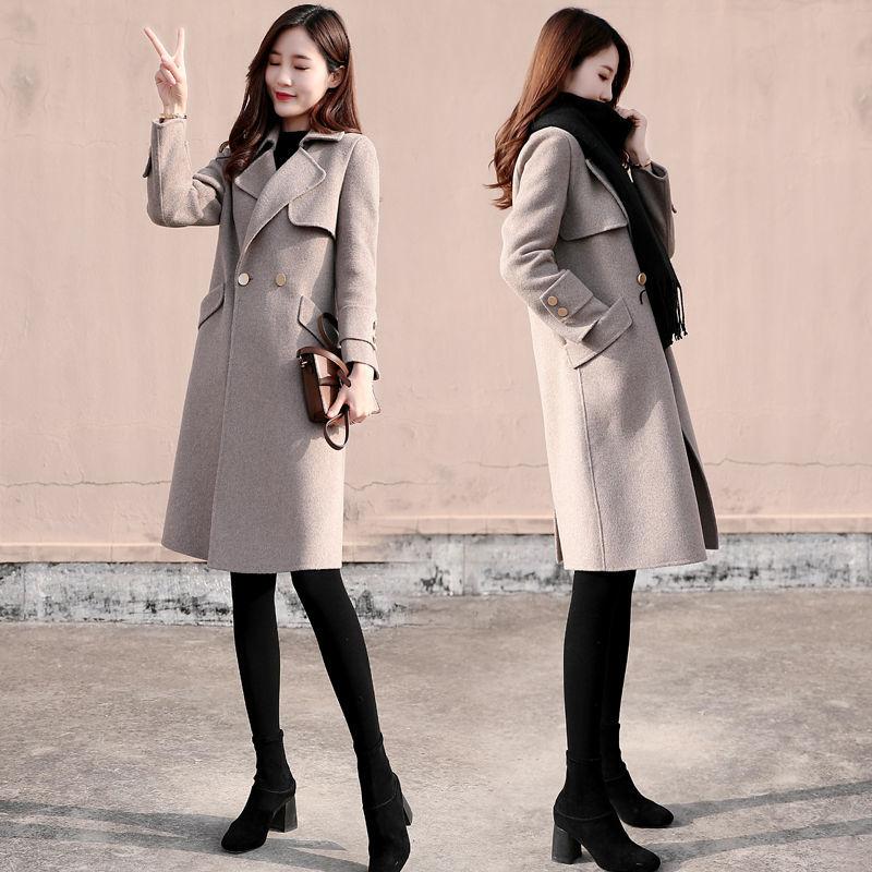 

2021 Women Winter Elegant Single Button Wool Coat Female Thick Warm Notched Collar Casaco Feminino Woolen Long Overcoat H12, Qian hui se