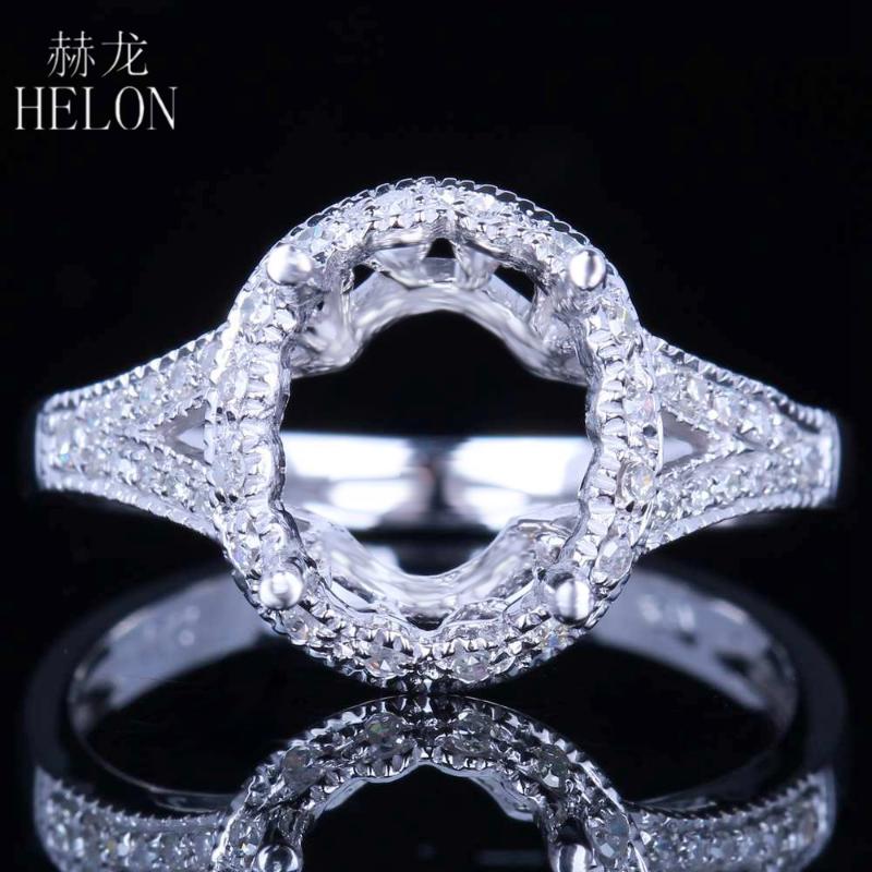 

HELON Solid 14K White Gold AU585 Pave Natural Diamonds Engagement Wedding Semi Mount Women Fine Jewelry Ring Fit Oval Cut 10x8mm