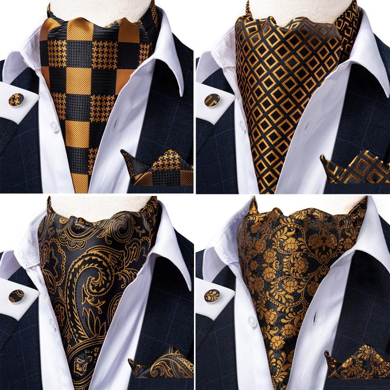

Men Vintage Floral Paisley Gold Black Wedding Formal Cravat Ascot Scrunch Self Tie British Style Luxury Silk Neck Tie DiBanGu