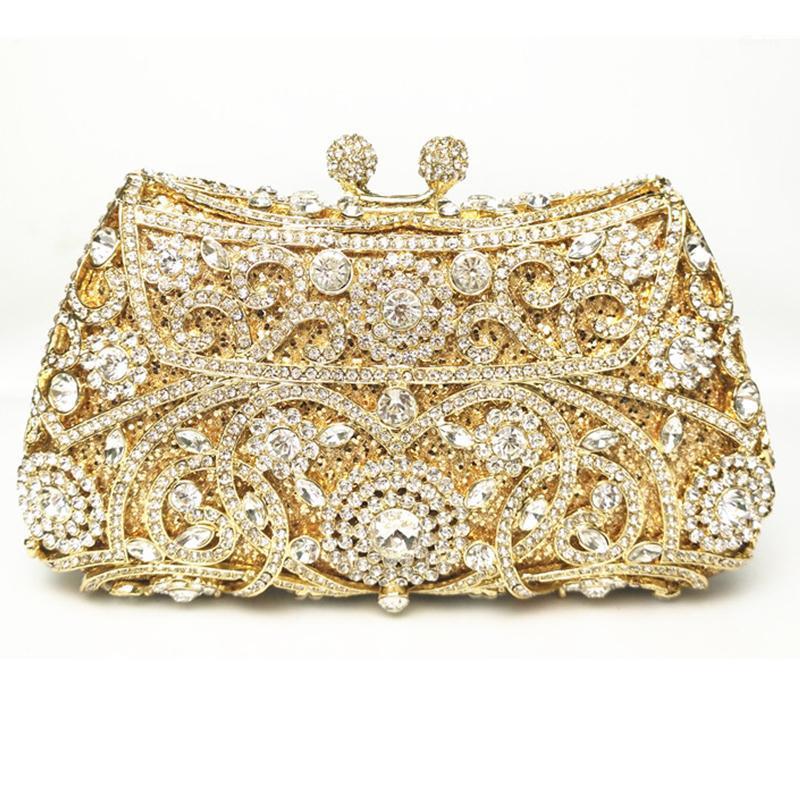 

New White Crystal Clutch Bag Rhinestone Women Evening Purse Fashion Gold Metal Female Party Shoulder Handbags Hollow Out Bag1