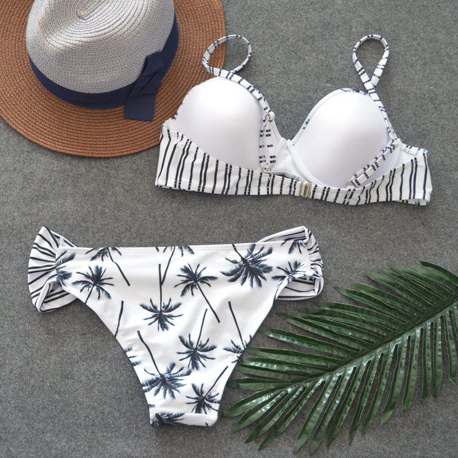 

Palm Print Sexy Bikinis Women Swimsuit Low Waisted Bathing Suits Summer Striped Underwire Beach Biquini Female Swimwear Y200319, White