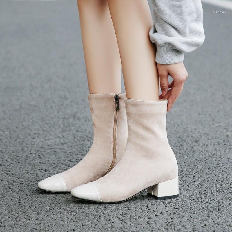 

Women Elastic Fabric FLOCK Boots Suede Patchwork Short Boots Fashion Handmade Classic Square Toe Ankle for Women MAZIAO1, Beige