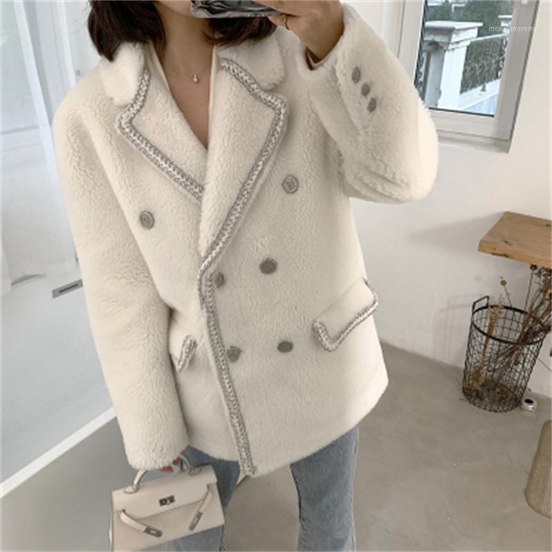 

Fashion lamb fur suit female jacket winter new high-end Loose leisure Winter thick white double-breasted women Blazers women1, 1 white