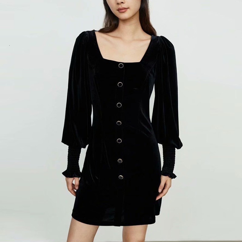 

2021 New Autumn Winter Women Veet High Waist Sexy Party Lady Solid Lantern Sleeve Elegant Girl Square Collar Outfits Pdqq