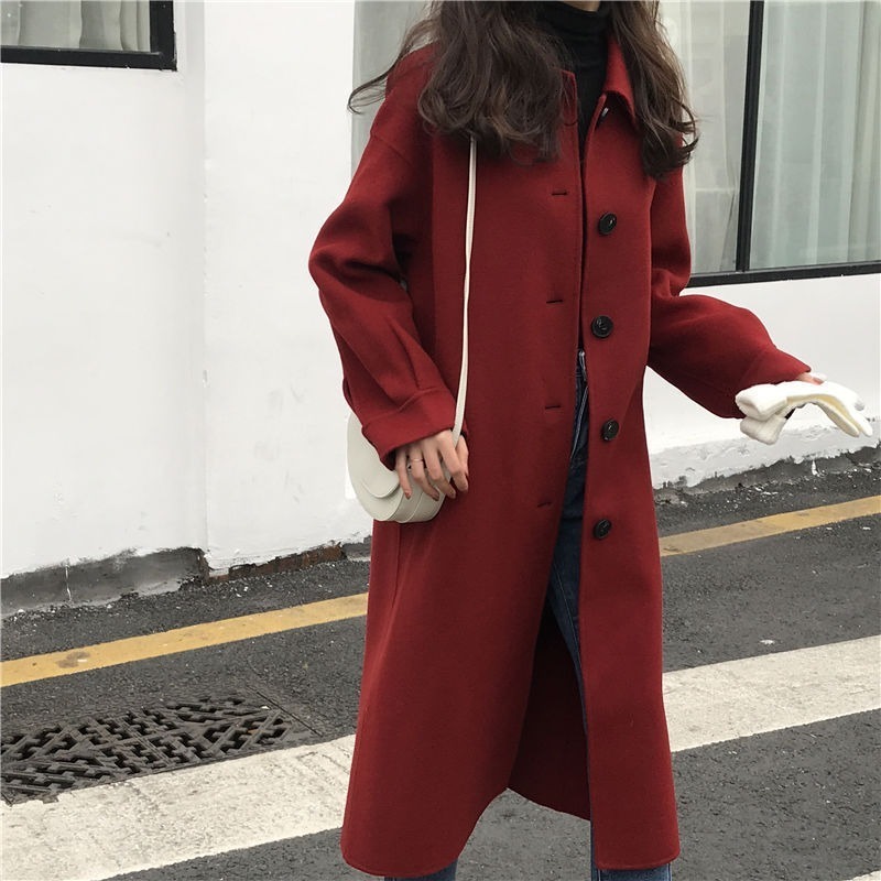 

2021 New Women's wool coat single tempers medium-style breasted over knee lantern sleeve lets casual jacket autumn D23X, Black