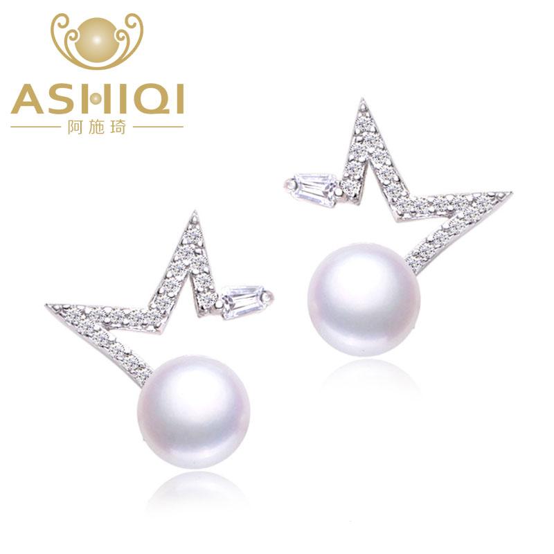 

ASHIQI 925 Sterling Silver Frewshwater Pearl Star Earrings White 7-8mm Natural Pearl Jewelry for women Zircon wholesale