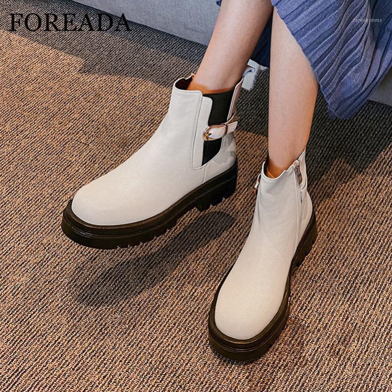 

FOREADA Natural Genuine Leather Ankle Boots Flat Platform Woman Boots Zipper Short Buckle Ladies Shoes Autumn Winter Beige1, Black velvet lining