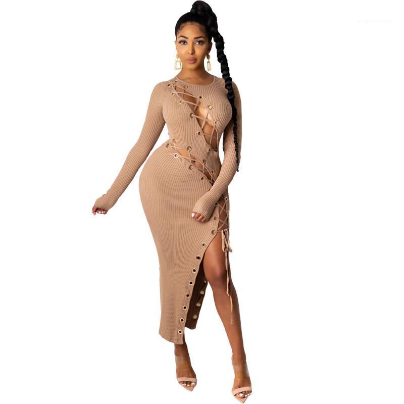 

Sexy Bandage Drawstring Hollow Out Long Dresses for Women Full Sleeve Party Night Clubwear Bodycon Maxi Dress 2021 Black Split1, Gray