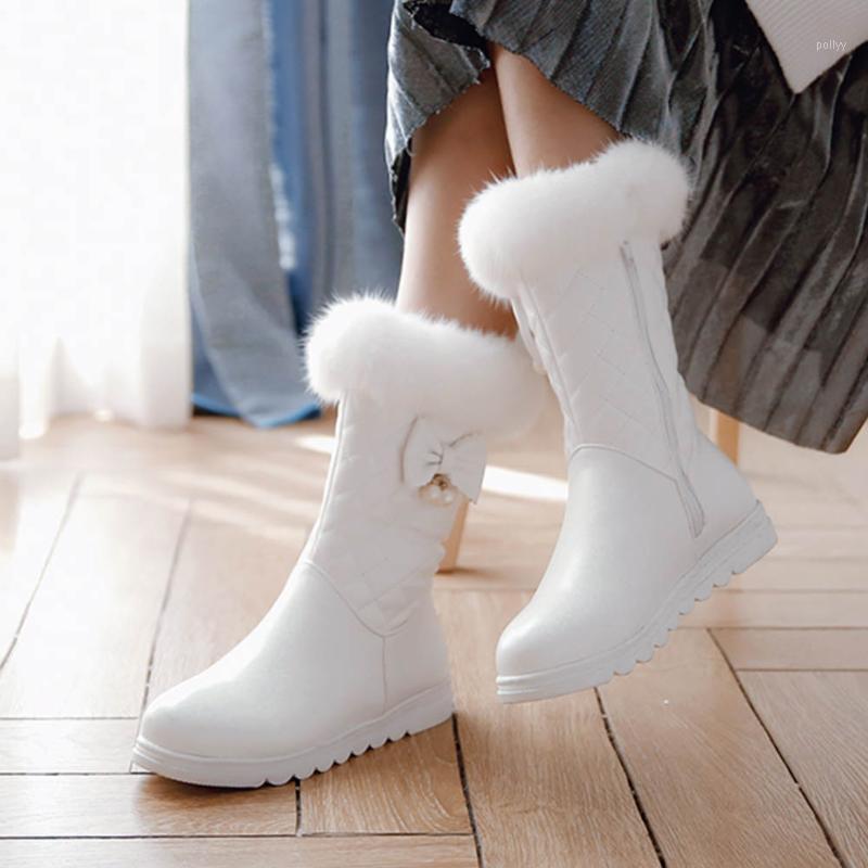 

On Sale Sweet Bow Tie Pink White Black For Cold Winter Keep Warm Fur Snow Boots Shoes Women Flat Sole Comfortable Calf Boot1