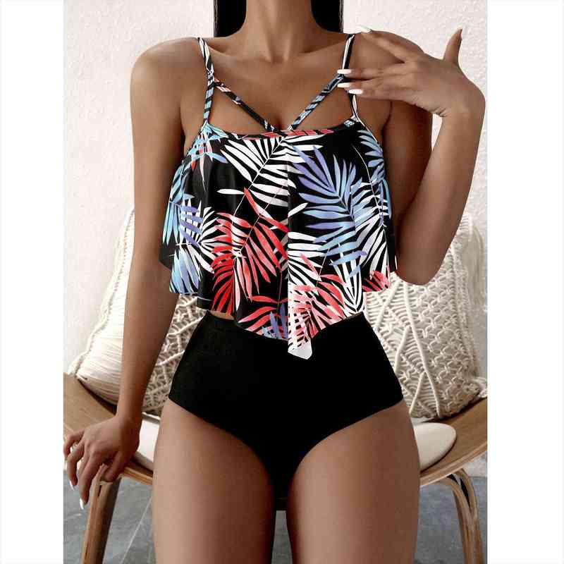 

womens bandeau bandage split swimwear leaf print tankini biquini high waisted ruffle swimsuit bathing suit swimjupmsuit, White;black