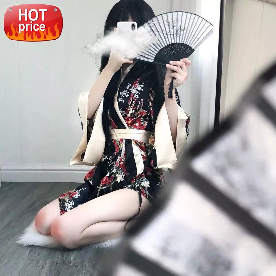 

Japanese Print Kimono Robe Sexy Maid Outfit Halloween Costumes for Women Sexy Anime Cosplay Female Dress Fetish Maid Lingerie #Ab2u, Black;white