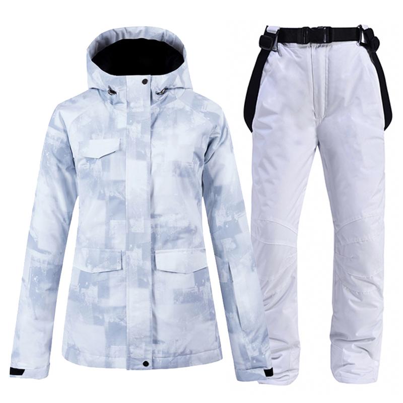 

White Women' & Men' Snow Suit Wear Snowboard Clothing Set Winter Waterproof Costumes Outdoor Skiing Jackets and Bib Belt Pants, Women jacket